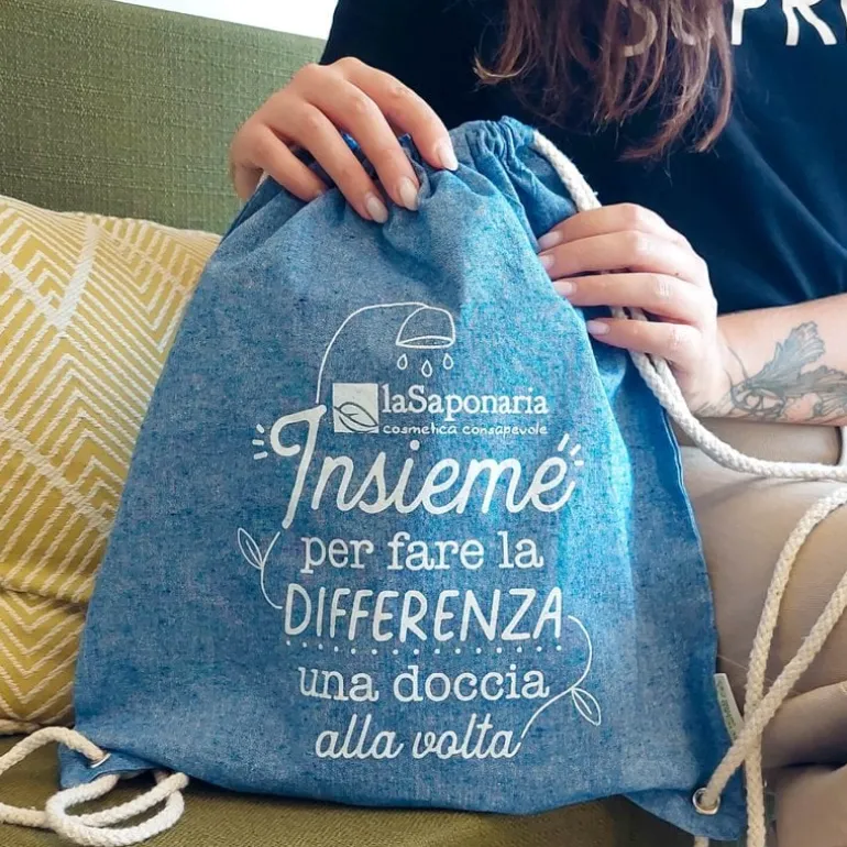 Zaino in cotone riciclato azzurro La Saponaria